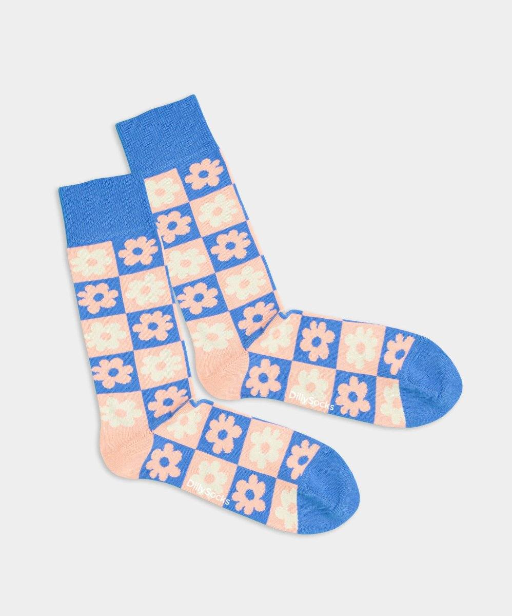 Blumenmuster Socken mit Schachbrett Design kräftige Farben