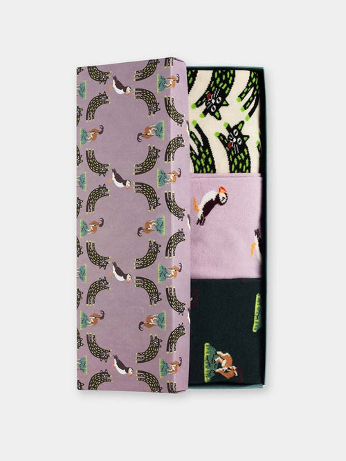 dilly socks Notre Coffret Cadeau Chaussettes: Cat & Puffin & Capricorn (boîte de 3)